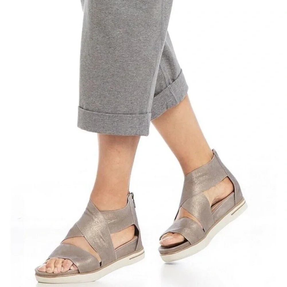 Eileen Fisher Metallic Sport Suede Criss Cross Banded Wedge Platform Sandals 7 - Picture 2 of 13